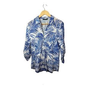 TANGO MANGO Women’s Snap Down Palm Print Blouse White/Blue Size Medium